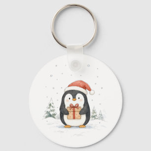 Cute Christmas Penguin with Gift and Santa Hat  Key Ring