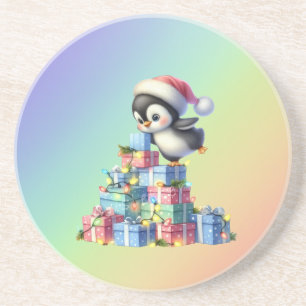 Cute Christmas Penguin with Gifts and Lights Card Coaster