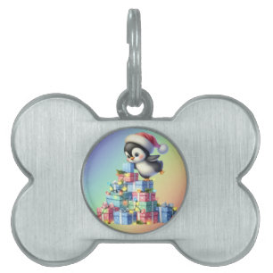 Cute Christmas Penguin with Gifts and Lights Card Pet ID Tag
