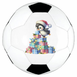Cute Christmas Penguin with Gifts and Lights Card Soccer Ball