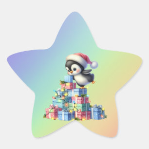 Cute Christmas Penguin with Gifts and Lights Card Star Sticker