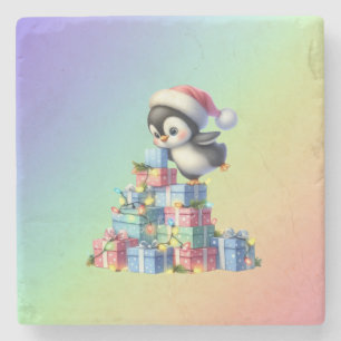 Cute Christmas Penguin with Gifts and Lights Card Stone Coaster