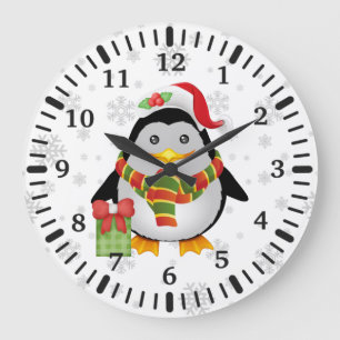 Cute Christmas Penguin with Present  Large Clock