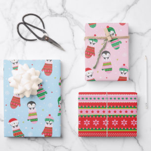 Cute Christmas Penguins in knitted mittens Wrapping Paper Sheet