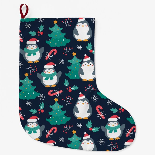 Cute Christmas Penguins Large Christmas Stocking (Front)