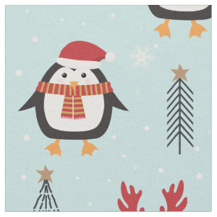 Cute Christmas Penguins on Pine Trees Pattern Fabric