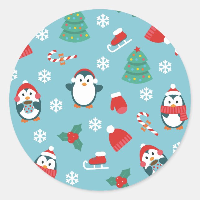 Cute Christmas Penguins Pattern Classic Round Sticker (Front)