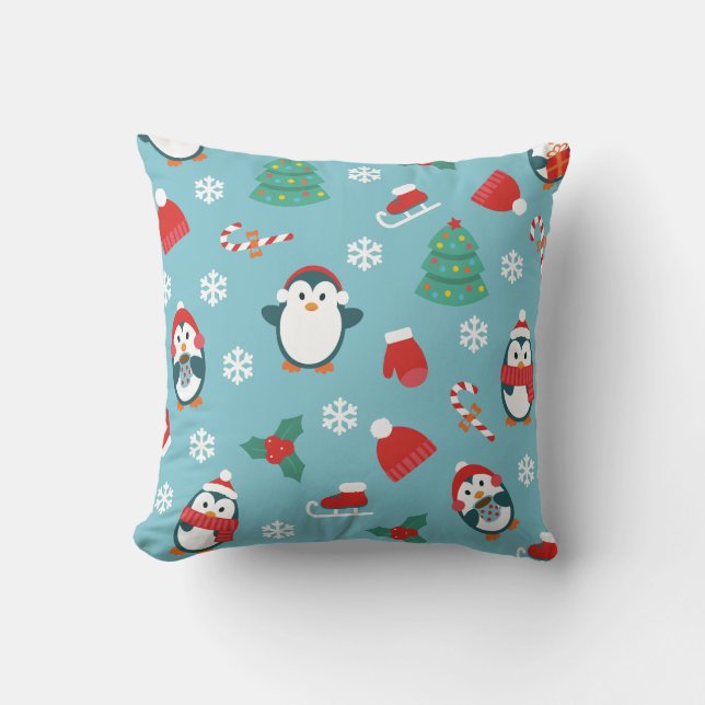 Cute Christmas Penguins Pattern Cushion (Front)