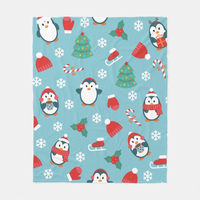 Cute Christmas Penguins Pattern Fleece Blanket (Front)