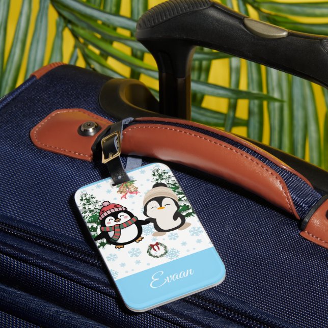 Cute Christmas Penguins Personalised Luggage Tag (Front Insitu 1)
