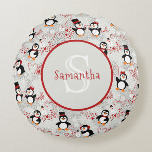 Cute Christmas Penguins Personalised Monogram Round Cushion