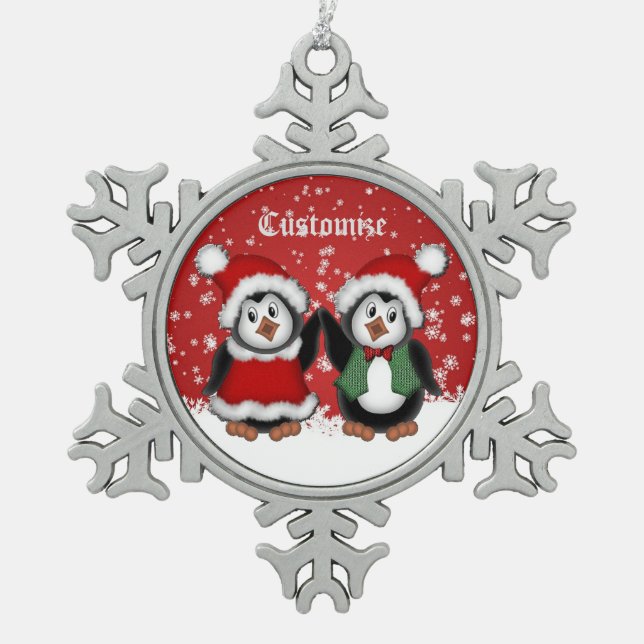 Cute Christmas Penguins Snowflake Ornament (Front)