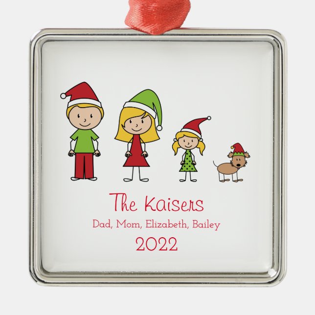 Cute Christmas Personalised Family of 3 With Dog Metal Tree Decoration (Front)