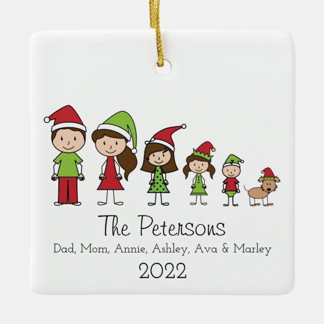 Cute Christmas Personalised Family With Dog Cerami Ceramic Ornament (Front)