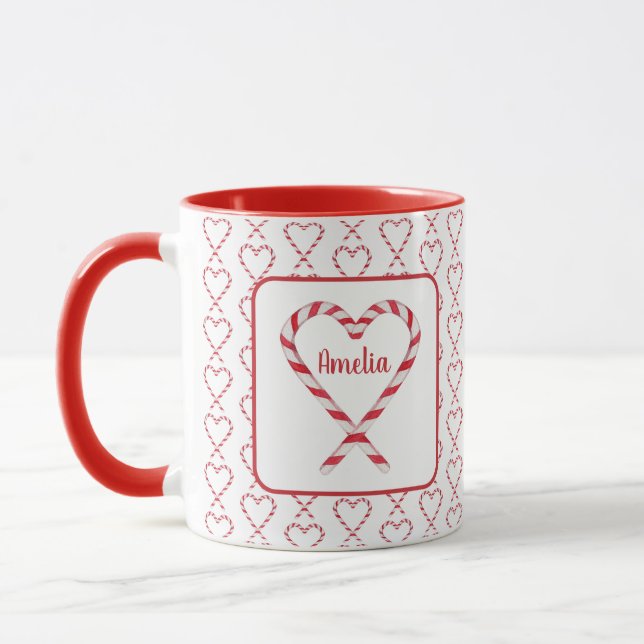 Cute Christmas Personalised Name Candy Cane Hearts Mug (Left)