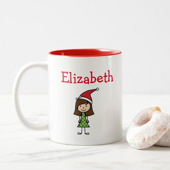 Cute Christmas Personalised Name Kids Hot Cocoa Two-Tone Coffee Mug (With Donut)