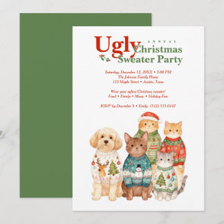 Cute Christmas Pets Sweater Party Green TMF26 Invitation