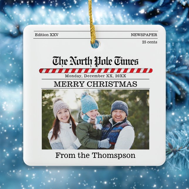 Cute Christmas Photo Newspaper Print Funny  Ceramic Ornament (Christmas ornament with a whimsical newspaper design)