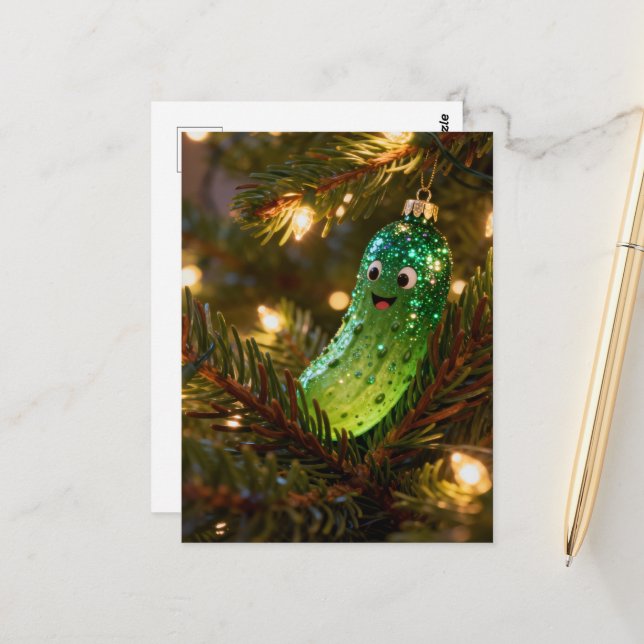 Cute Christmas Pickle in a Tree Postcard (Front/Back In Situ)