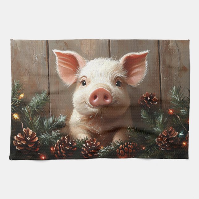 Cute Christmas Pig Rustic Painting Tea Towel (Horizontal)