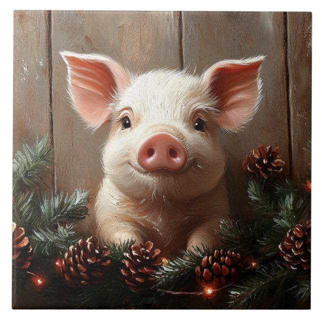 Cute Christmas Pig Rustic Painting Tile (Front)