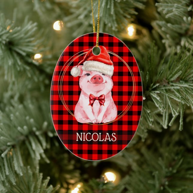Cute Christmas Pig With Buffalo Plaid Red Funny Ceramic Tree Decoration (Tree)
