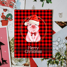 Cute Christmas Pig With Buffalo Plaid Red Funny