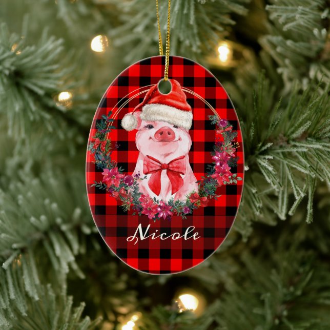Cute Christmas Pig With Buffalo Plaid Red Rustic Ceramic Tree Decoration (Tree)