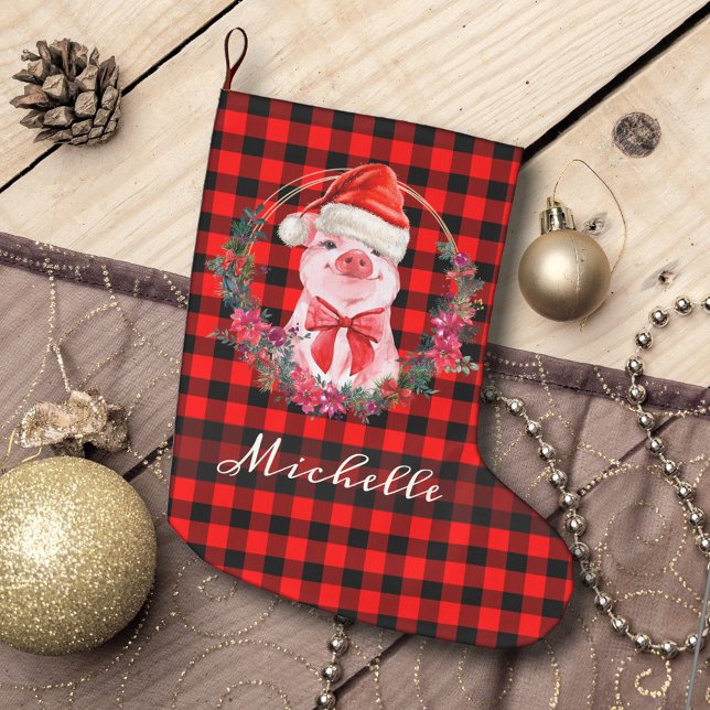 Cute Christmas Pig With Buffalo Plaid Red Rustic Large Christmas Stocking (Creator Uploaded)