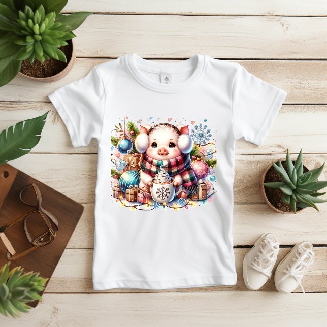 Cute Christmas Pig With Gifts and Hot Cocoa T-Shir Baby T-Shirt (Creator Uploaded)