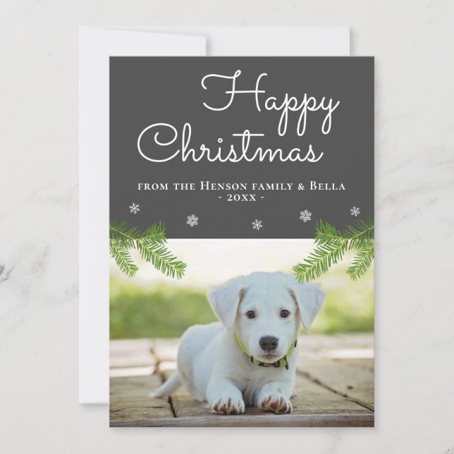 Cute Christmas Pine Branches Snowflake Dog Photo Card (Front)