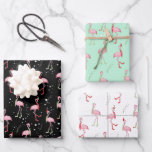 Cute Christmas pink flamingo pattern Wrapping Paper Sheet<br><div class="desc">Cute pink flamingo in Santa hat scarf and socks black,  mint and white background</div>