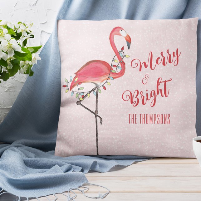 Cute Christmas Pink Flamingo Personalised Cushion (Christmas "Merry and Bright" cute whimsical pink flamingo throw pillow)