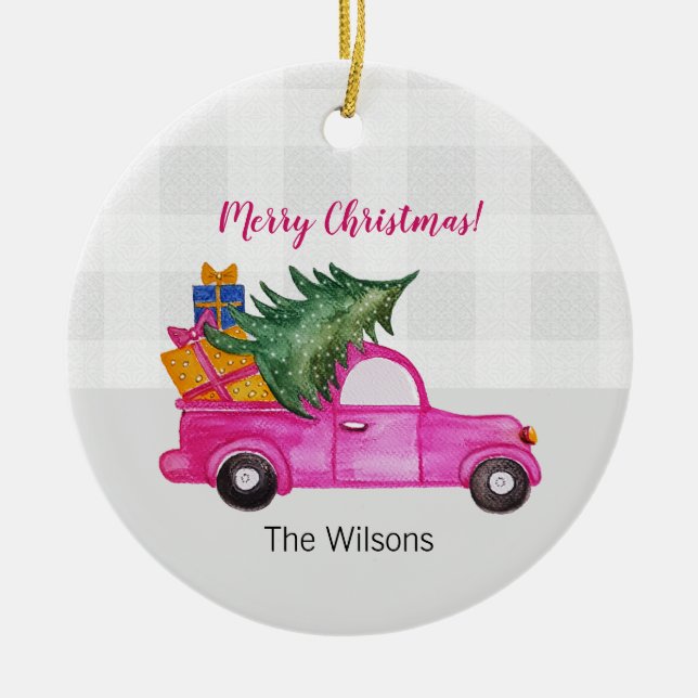 Cute Christmas Pink Truck With Tree And Wishes Ceramic Tree Decoration (Front)
