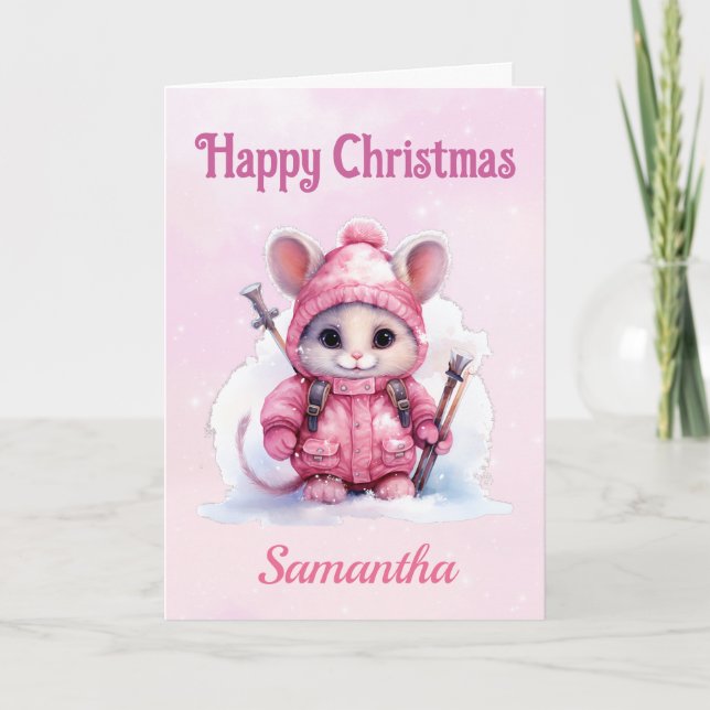 Cute Christmas Pink Winter Mouse Holiday Card (Front)