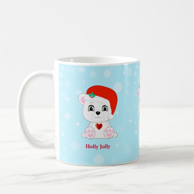 Cute Christmas Polar Bear Cartoon on Light Blue Coffee Mug (Left)