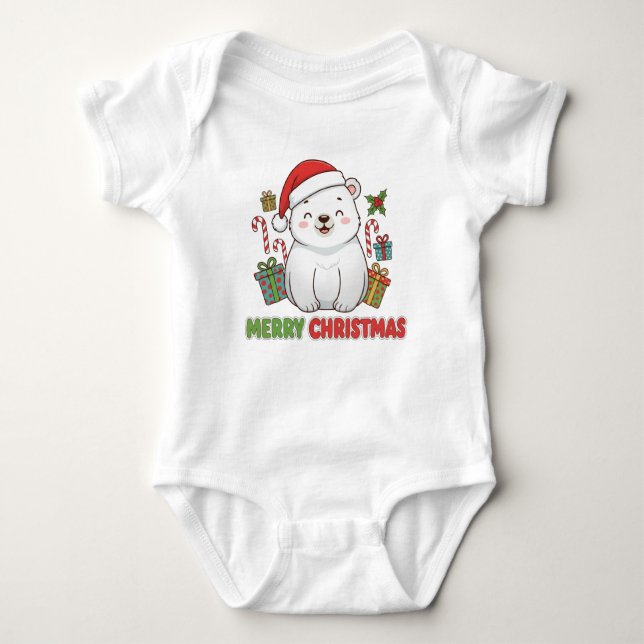 Cute Christmas Polar Bear Illustration Baby Bodysuit (Front)