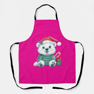Cute Christmas Polar Bear in Festive Sweater Apron