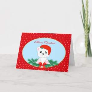 Cute Christmas Polar Bear on Light Blue & Red Holiday Card