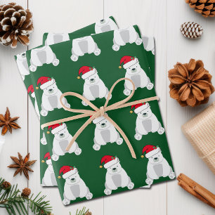 Cute Christmas Polar Bear Santa Hat Kids Green Wrapping Paper Sheet