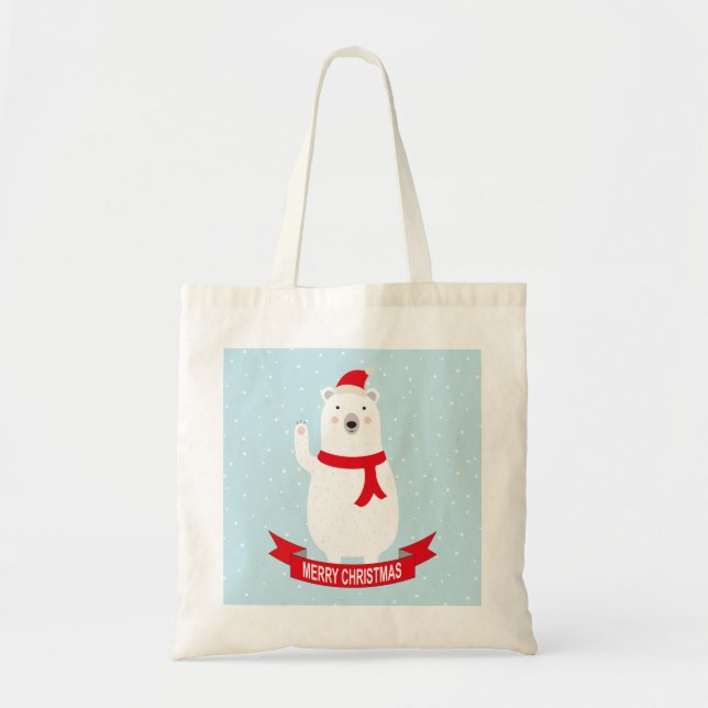 Cute Christmas Polar Bear says Hello Tote Bag (Front)