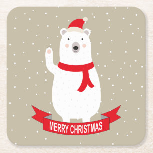 Cute Christmas Polar Bear Square Paper Coaster