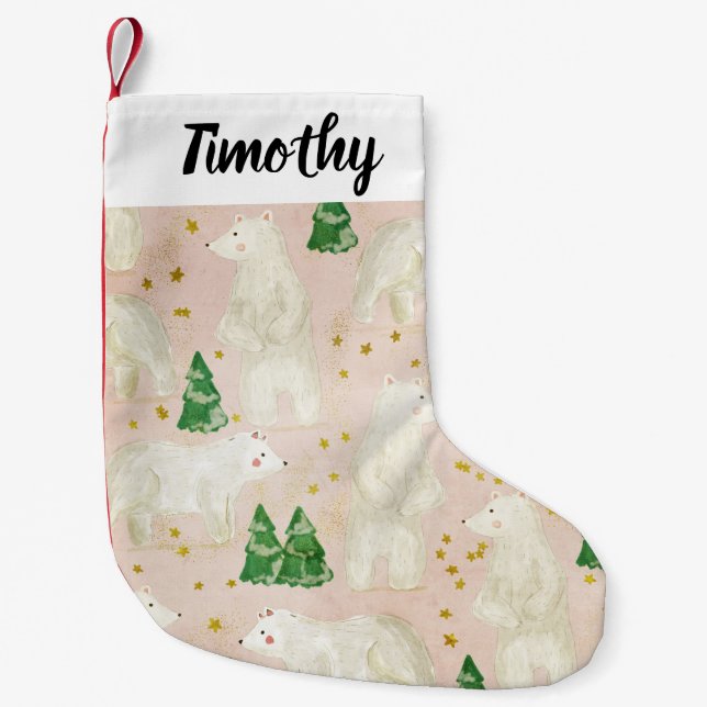 Cute Christmas Polar Bears in Evergreen Forest Small Christmas Stocking (Front)