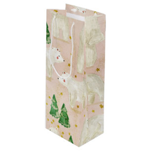 Cute Christmas Polar Bears in Evergreen Forest Wine Gift Bag