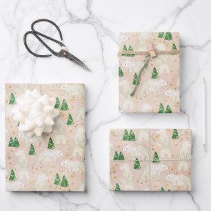 Cute Christmas Polar Bears in Evergreen Forest Wrapping Paper Sheet