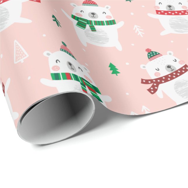 Cute Christmas Polar Bears on light pink Wrapping Paper (Roll Corner)