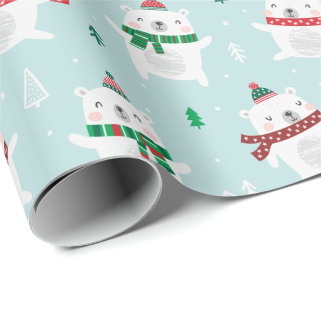 Cute Christmas Polar Bears on mint Wrapping Paper (Roll Corner)