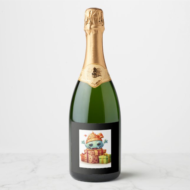 Cute Christmas Present  Top Sparkling Wine Label (Front)