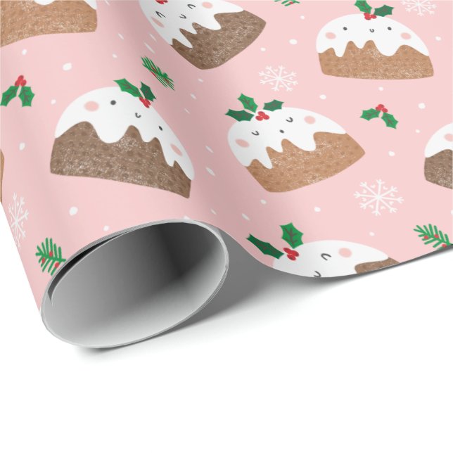 Cute christmas puddings on light pink wrapping paper (Roll Corner)