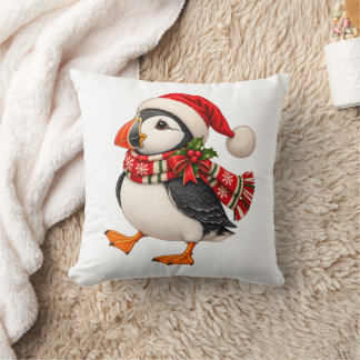 Cute Christmas Puffin Santa Festive Holiday Bird Cushion